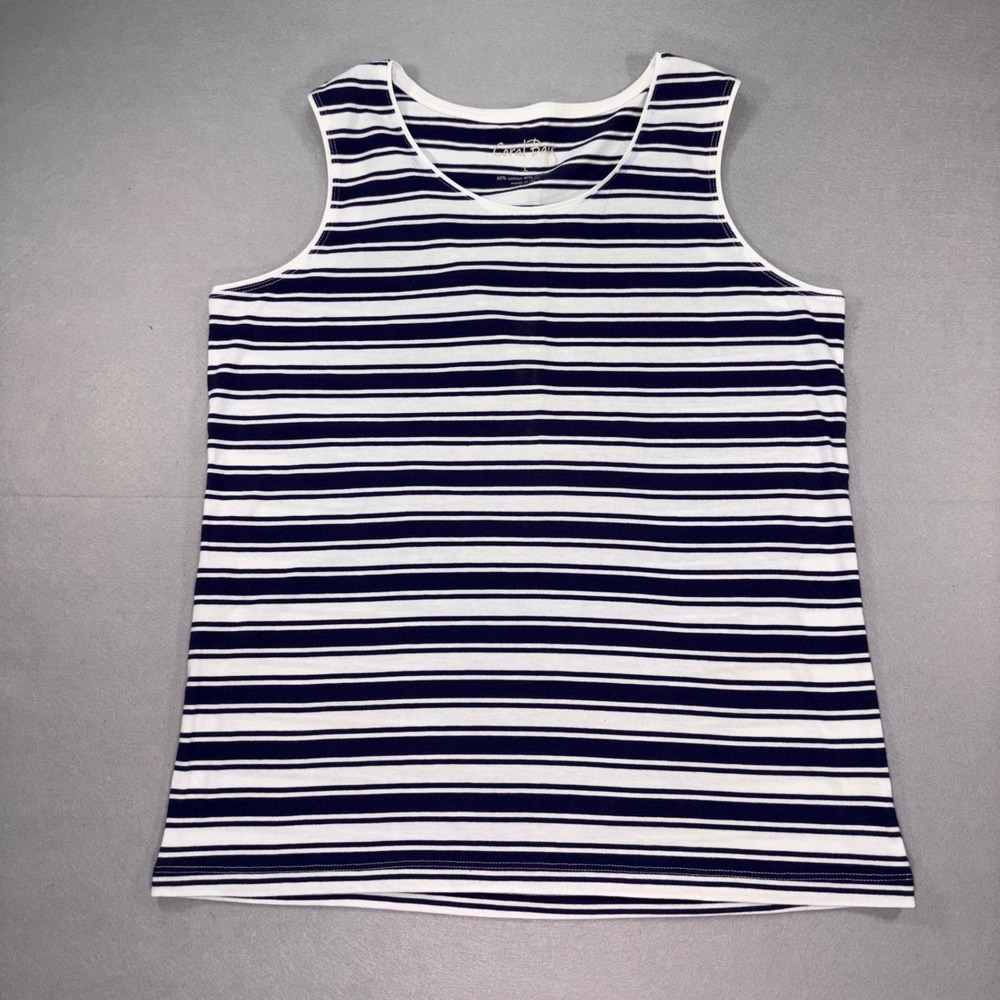 Coral Bay Womens Large Navy Blue White Striped Sleeveless Scoop Neck Tank Top